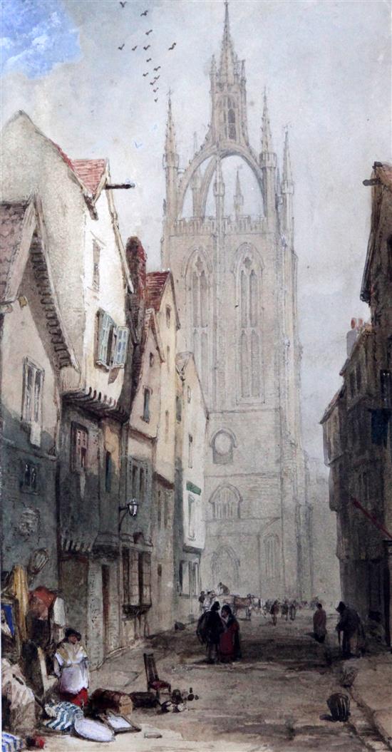 Attributed to Samuel Prout Entrance to a Continental cathedral and Continental street scene largest 12 x 9in.